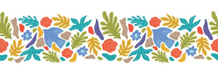 Seamless spring border. Abstract flowers, leaves, bird. Isolated elements. Modern vector illustration.
