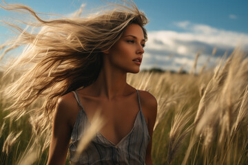 Woman in Field with Flowing Hair at Sunset.