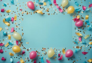 Party carnival or birthday frame with colorful confetti and streamer on vintage blue table top view