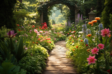 Fototapeta na wymiar Sunlit Path Through Blooming Garden Park.