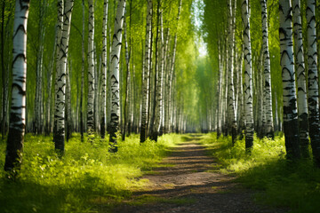 Naklejka premium Birch Trees Pathway in Lush Forest.