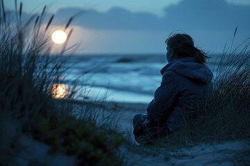 Woman Contemplating at Twilight Beach.