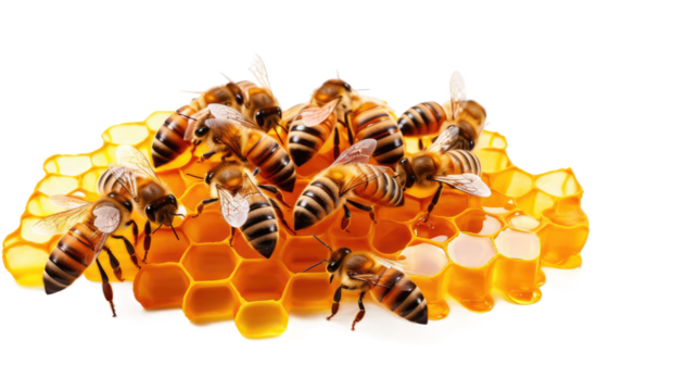 bees and honeycomb, isolated on transparent background cutout