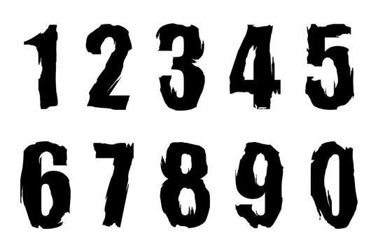 Black numbers in grunge style for design from 0 to 9. Numbers brush strokes. Vector illustration isolated on white background.