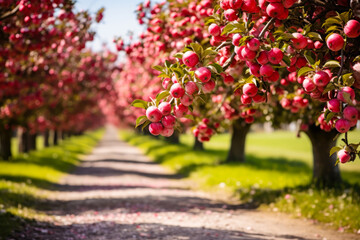 Fototapeta na wymiar Apple Orchard Pathway in Full Bloom.