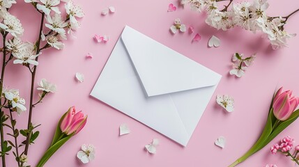 White blank greeting card on the pink background with flowers, love letter