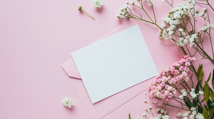 White blank greeting card on the pink background with flowers, love letter