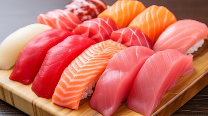 Exquisite Array of Delicately Arranged Sushi Rolls and Sashimi on an Elegant Wooden Platter