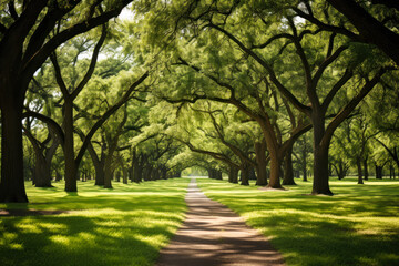 Sunlit Pathway Through a Green Park.