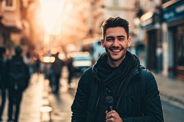 Reporter on a city street during work. Portrait of a smiling man with a microphone in his hand. AI generative