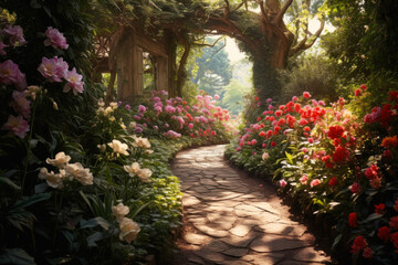 Enchanted Flower Arch Pathway in Garden.