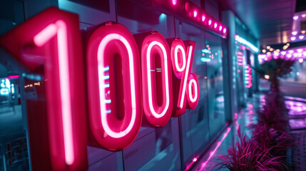 Huge neon sign 100 percent. Glowing sale light advertising. Theme of discount and commerce