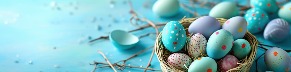 Fototapeta na wymiar easter eggs inside a plastic basket on a blue background