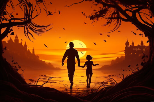 Father and Child Walking in a Fantasy Sunset Landscape.