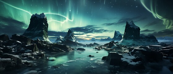 Naklejka premium Aurora borealis over the icy mountains and frozen lake