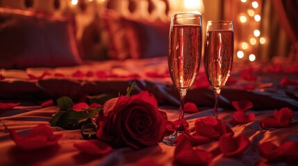 Pink shining champagne glasses and red rose on bed. Global Love Day and Valentine's Day concept.