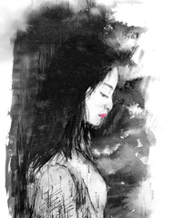 portrait watercolor painting black and white sad woman. - 703753039