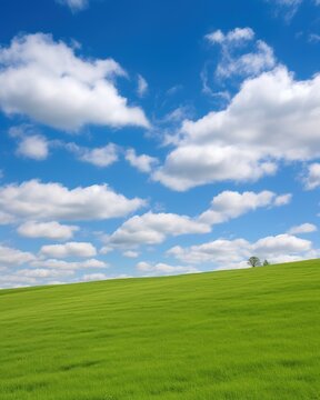 Green rolling hills under blue sky with clouds
