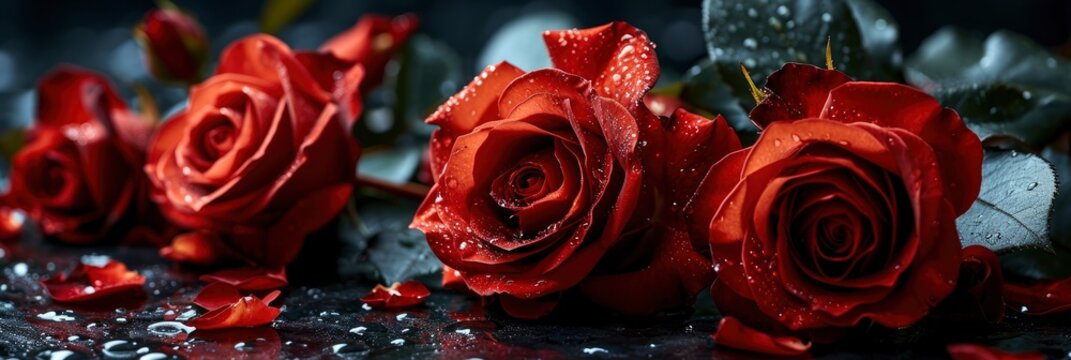 Red Color Roses Beautiful Bouquet Close, Banner Image For Website, Background, Desktop Wallpaper