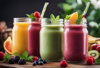 Summer colorful fruit smoothies in jars with ingredients Healthy detox and diet food concept