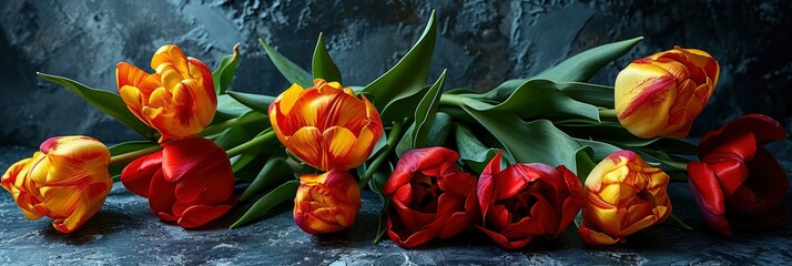 Red Yellow Tulips Flowers Flat Lay, Banner Image For Website, Background, Desktop Wallpaper