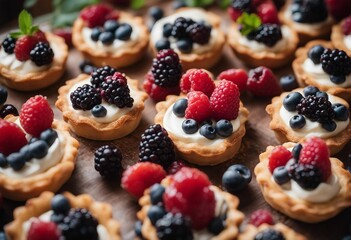 Tasty berry tartlets or cake with cream cheese and different berries around Pastry dessert top view - obrazy, fototapety, plakaty