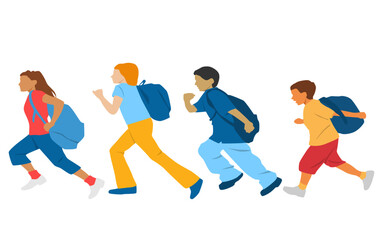  Set of teenagers running with backpacks, different colors, cartoon character, group of silhouettes of running young people, students, design concept of flat icon, isolated on white background