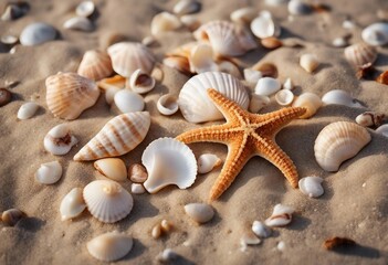Fototapeta na wymiar Top view of a sandy beach with collection of seashells and starfish as natural textured background