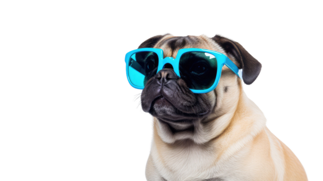 Pug wearing cool sunglasses in summer on a transparent background (PNG)