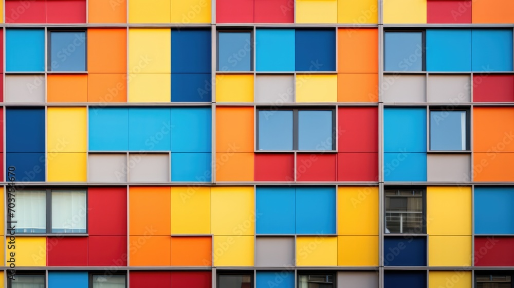 Poster colorful facade of a building with windows. generative ai.
