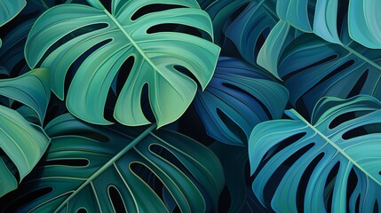 A close-up of Monstera leaves reveals intricate patterns that evoke a sense of nature's calming poetry - obrazy, fototapety, plakaty