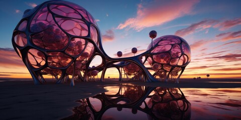 A futuristic structure with pink and purple flowers. Generative AI.