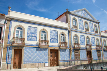 Aveiro beautiful facades decorated with blue tiles - 703755458