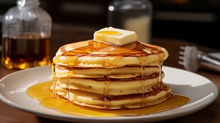A plate of fluffy buttermilk pancakes with butter and syrup