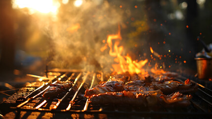 Outdoor barbecue, grill, roasted beef, sausages, summer, sunset, fun, vacation, beer, celebration	