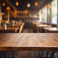 Rustic wooden table in a blurred restaurant background