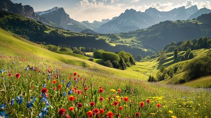 Colorful meadow with wildflowers and mountains in the background - obrazy, fototapety, plakaty