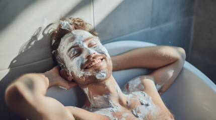 Young smiling man with facial mask lying in bath in bathroom with sunny light relaxing at home. Concept of health, relax, self care and me time