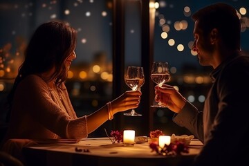 Romantic candlelight dinner for couple table setup at night. Man & Woman hold glass of Champaign. Concept for valentine's day or date. - obrazy, fototapety, plakaty
