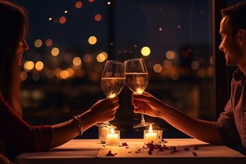 Romantic candlelight dinner for couple table setup at night. Man & Woman hold glass of Champaign. Concept for valentine's day or date. - Powered by Adobe