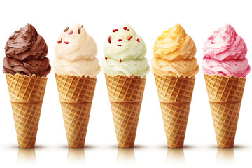 illustration of an ice cream set. Different types and tastes of cold desserts cups cones soft serve bars sticks popsicles frozen juice in waffles and on sticks. Vintage hand-drawn style generative ai