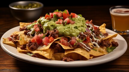 A plate of classic beef nachos with melted cheese and guacamole