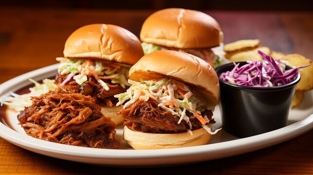 A plate of barbecue pulled pork sliders with coleslaw