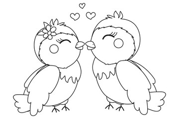 Coloring book Cute birds and hearts. Vector illustration, coloring book for children. Doodle background. cartoon characters