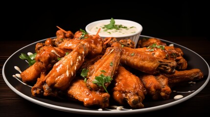 Fototapeta premium A plate of barbecue chicken wings with ranch dressing for dipping