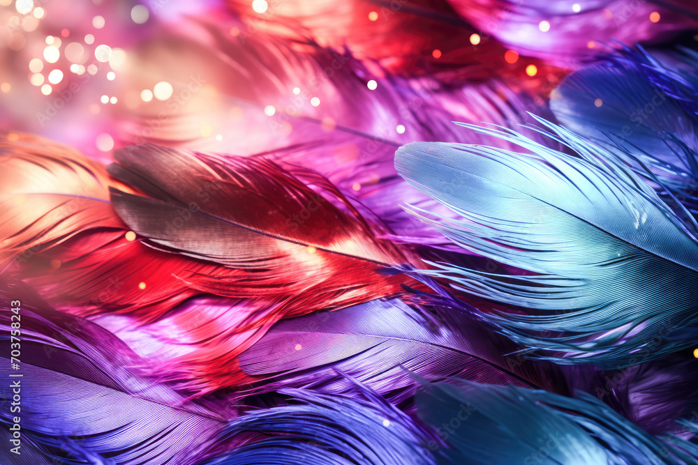 Poster abstract feathers and sequins with blurred background