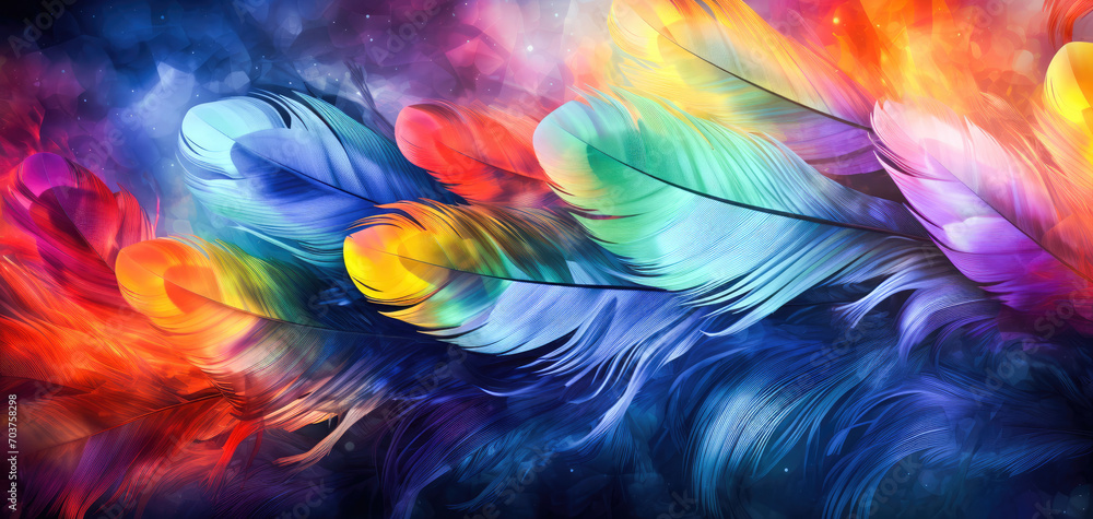 Poster abstract colorful feathers and sequins with blurred background