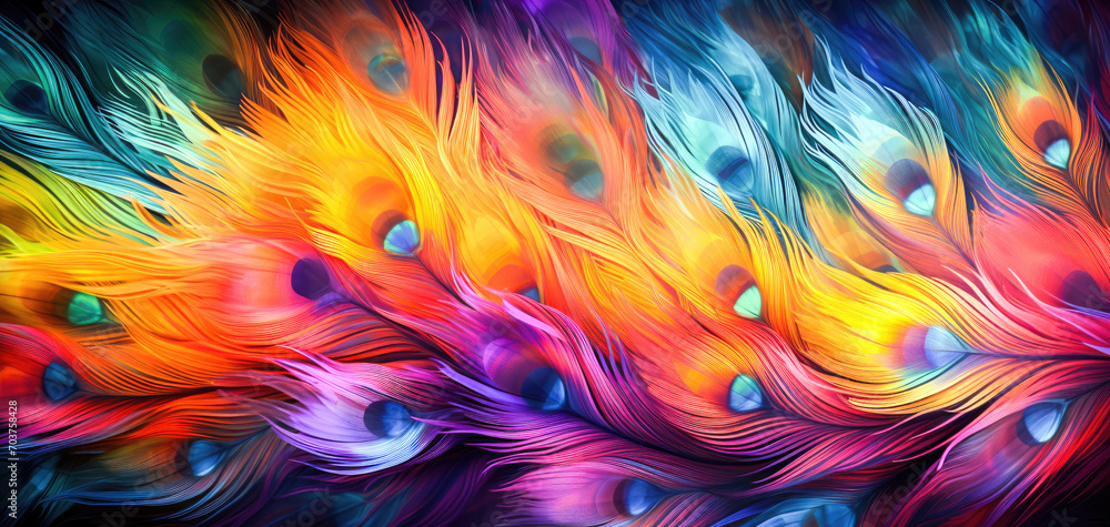 Poster abstract colorful feathers and sequins with blurred background