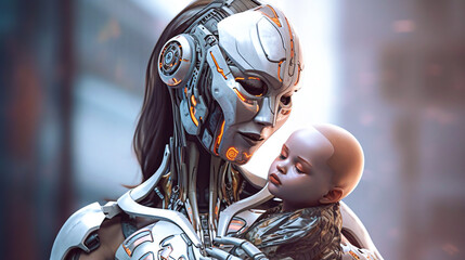 Blurred female robot with a child in her arms