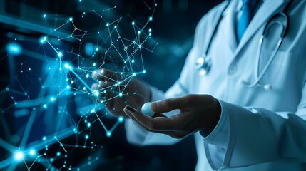 Woman doctor on blurred background using digital medical network interface 3D rendering